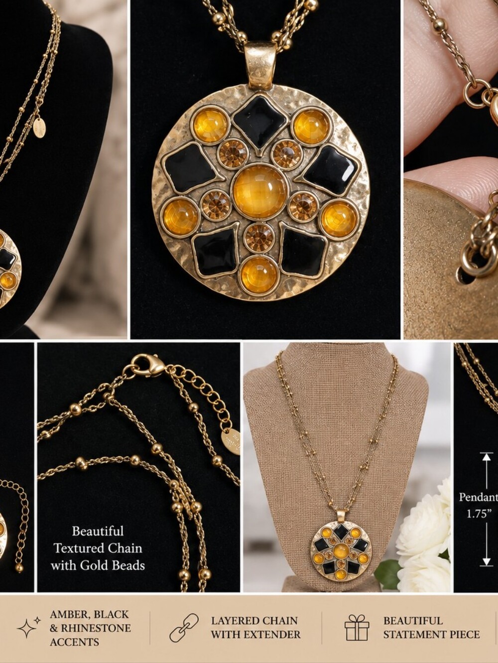 Vintage Lia Sophia Gold Tone Statement Necklace Amber Black Geometric Pendant